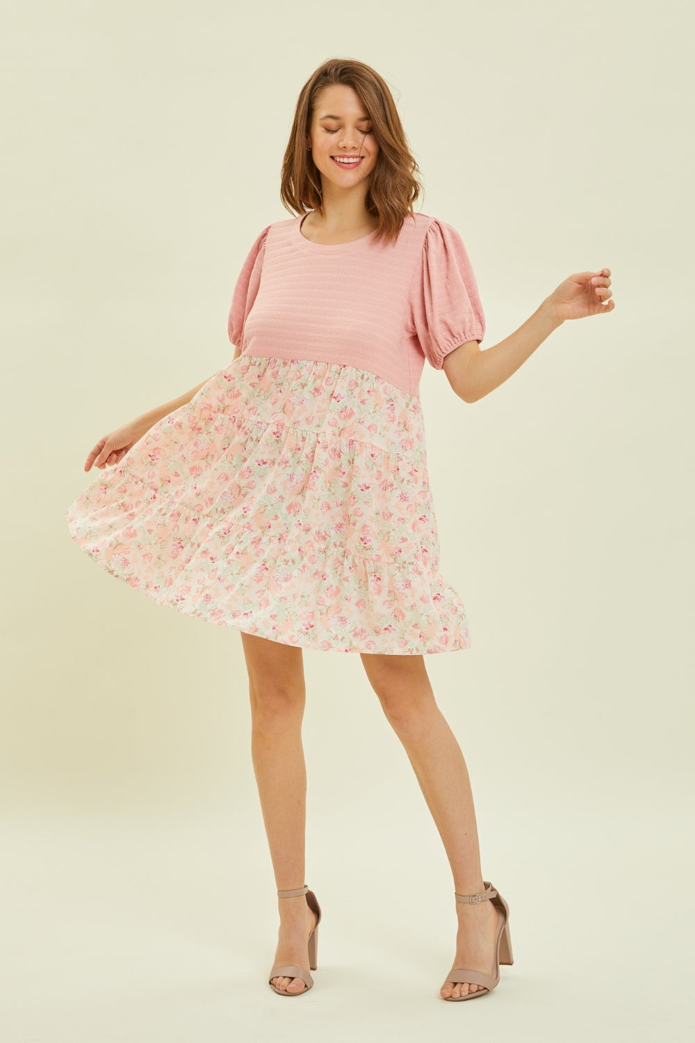 HEYSON Full Size Round Neck Floral Ruffle Hem Mini Dress-3