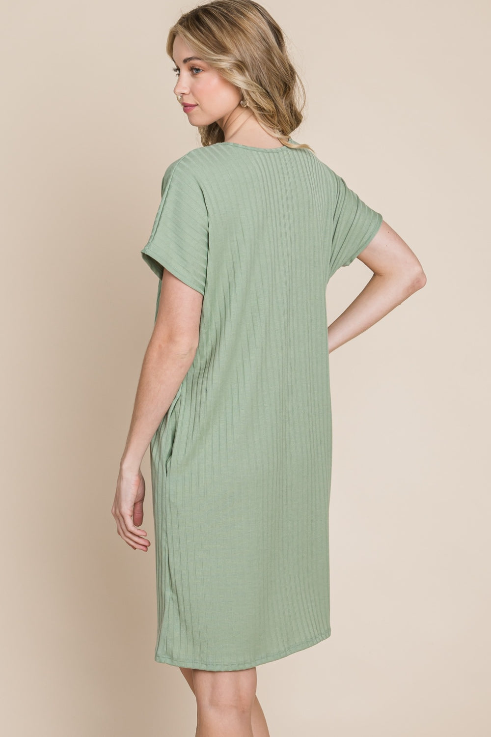 BOMBOM Ribbed Round Neck Short Sleeve Dress-1