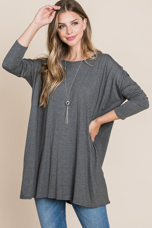 BOMBOM Round Neck Long Sleeve Oversized Top-0