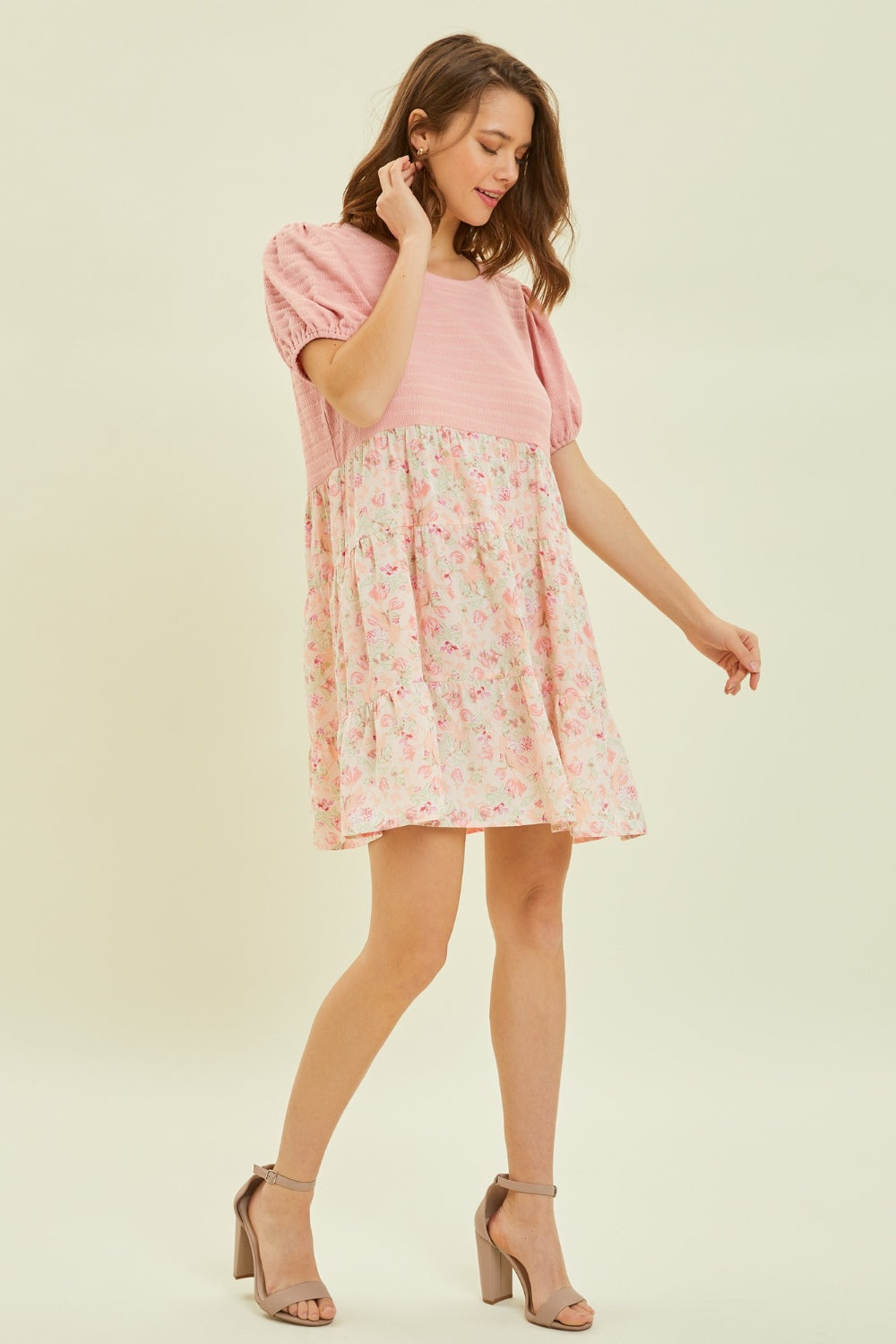 HEYSON Full Size Round Neck Floral Ruffle Hem Mini Dress-4