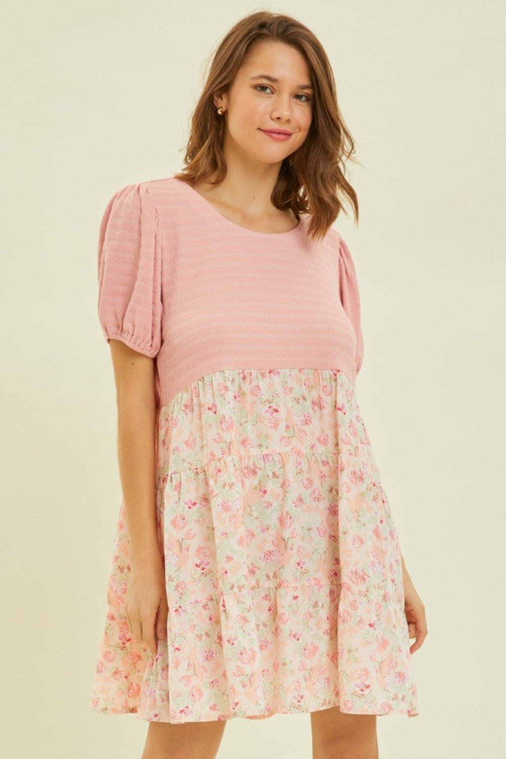 HEYSON Full Size Round Neck Floral Ruffle Hem Mini Dress-1
