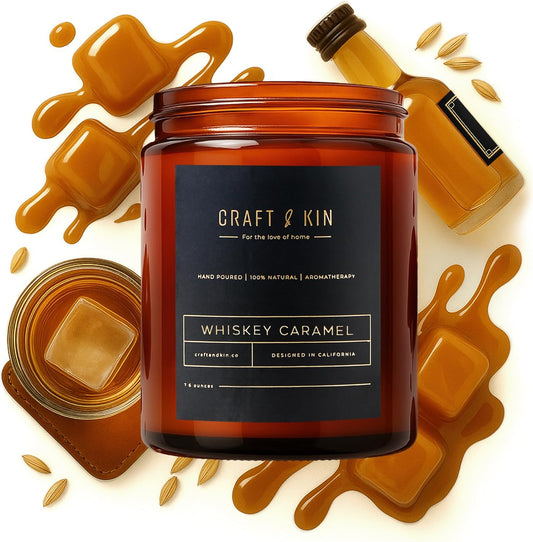 Scented Candles for Men | Premium Whiskey Caramel Candle | All-Natural Scent for Home | Long Lasting with 45 Hour Burn Time, 8Oz